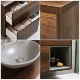 Homestylestore Dark Oak 800mm Wall Hung Bathroom Vanity Unit Oval Pebble Countertop Basin Open Shelf - thumbnail 2