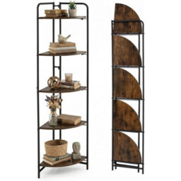 Corner Shelf 5-Tier Freestanding Wooden Bookcase Rustic Black Brown 151Cm - thumbnail 1