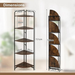 Corner Shelf 5-Tier Freestanding Wooden Bookcase Rustic Black Brown 151Cm - thumbnail 2