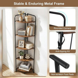 Corner Shelf 5-Tier Freestanding Wooden Bookcase Rustic Black Brown 151Cm - thumbnail 4