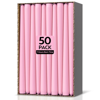 Taper Dinner Candles, Non-Drip Long Candles, 7 Hour Burn Time, Paraffin Wax, Cotton Wicks, Unscented, Pink, 50 Pack - image 1