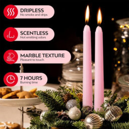 Taper Dinner Candles, Non-Drip Long Candles, 7 Hour Burn Time, Paraffin Wax, Cotton Wicks, Unscented, Pink, 50 Pack - thumbnail 2
