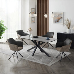Home Detail Verona Grey Ceramic Dining Table & Grey/beige Fabric Porto Swivel Chairs, 4 Seater