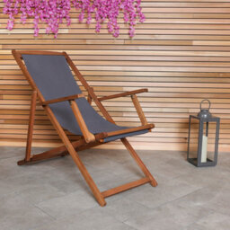 Charles Bentley Folding Fsc Eucalyptus Wooden Deck Chair Beach Sun Lounger Grey - thumbnail 9