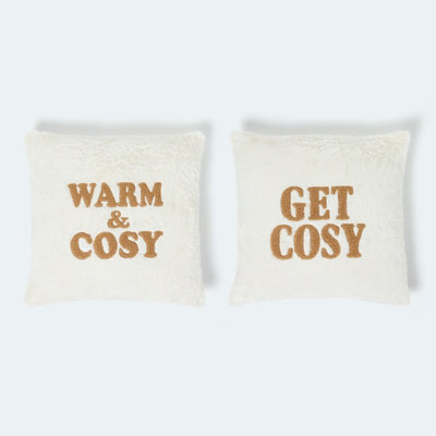 Homescapes Faux Fur Slogan Cushion Pair Plush Embroidered Design - image 1