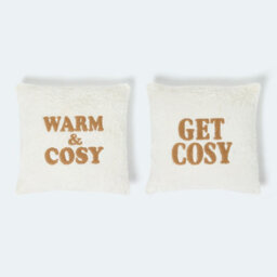 Homescapes Faux Fur Slogan Cushion Pair Plush Embroidered Design - thumbnail 1