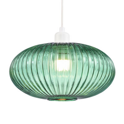 Happy Homewares Modern Designer Emerald Forest Green Line Ribbed Glass Oval Pendant Lamp Shade - image 1