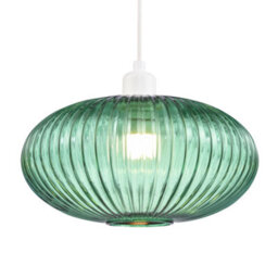 Happy Homewares Modern Designer Emerald Forest Green Line Ribbed Glass Oval Pendant Lamp Shade - thumbnail 1