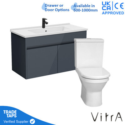 Vitra 1000mm Wall Hung Bathroom Vanity Unit With 2 Doors Includes Basin, Black Tap And Close Coupled Toilet Set - Grey Gloss - image 1