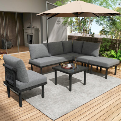 Btm 6Pc Grey Rope Garden Lounge Set With Cushions, Galvanized Iron Frame, Glass Tabletop, Adjustable Feet - image 1
