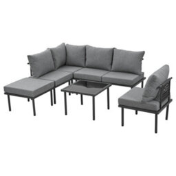 Btm 6Pc Grey Rope Garden Lounge Set With Cushions, Galvanized Iron Frame, Glass Tabletop, Adjustable Feet - thumbnail 9