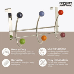 Keypak Over Door Hanger With 6 Multi-Coloured Ceramic Hooks - 27Cm - Strong Metal Rack For Coats, Bags, Towels - No Drilling - thumbnail 2