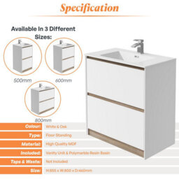 Plum&clay Norton White & Oak Freestanding Vanity Unit & Basin Set Bathroom Furniture (W)800mm (H)855mm - thumbnail 4