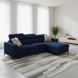 Baltico Mini Compact Corner Sofa Adjustable Headrests Pull Out Guest Bed Contemporary L Shaped Fabric Couch Dark Blue Right