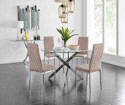 Furniturebox Novara Clear Tempered Glass 120Cm Round Dining Table With Chrome Starburst Legs & 4 Beige Milan Faux Leather Chairs