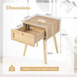 Costway Bedroom & Living Room Nightstand Bedside End Sofa Table W/ Rattan Drawer - thumbnail 3