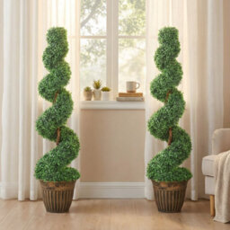 Homcom Set Of 2 Potted Artificial Plants, Topiary Spiral Boxwood Trees - thumbnail 6