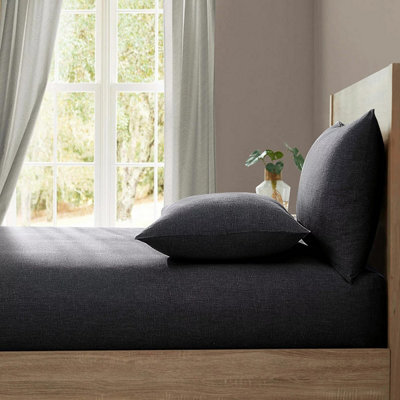 Lazy Linen 100% Washed Linen Fitted Sheet Charcoal Grey European Flax Breathable Deep 36Cm Super King Bed Sheet - image 1