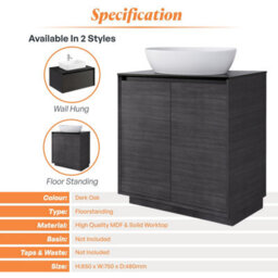 Plum&clay Matterhorn Dark Oak Floor Standing Bathroom Vanity Unit With Black Countertop (W)750mm (H)850mm - thumbnail 4