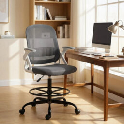 Grey Mesh Office Chair, Adjustable With Flip-Up Armrests - thumbnail 6