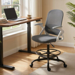 Grey Mesh Office Chair, Adjustable With Flip-Up Armrests - thumbnail 4