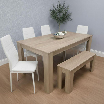 Kosy Koala Oak Effect Dining Table Set With 4 White Chairs And Bench Dining Room Furniture - image 1