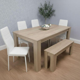 Kosy Koala Oak Effect Dining Table Set With 4 White Chairs And Bench Dining Room Furniture - thumbnail 1