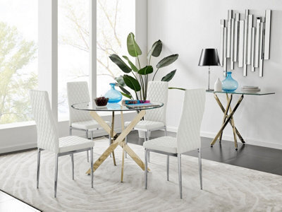 Furniturebox Uk Novara Gold Metal Round Glass Dining Table And 4 White Milan Dining Chairs - image 1