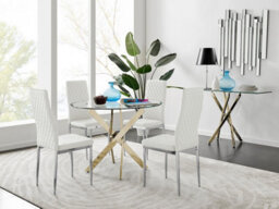 Furniturebox Uk Novara Gold Metal Round Glass Dining Table And 4 White Milan Dining Chairs
