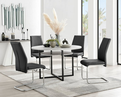 Furniturebox Adley Grey Concrete Effect And Black Round Dining Table With Storage Shelf And 4 Black Lorenzo Chairs For Modern Sleek Dining Room - image 1