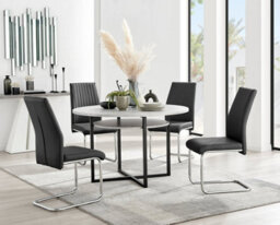 Furniturebox Adley Grey Concrete Effect And Black Round Dining Table With Storage Shelf And 4 Black Lorenzo Chairs For Modern Sleek Dining Room