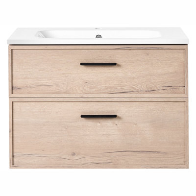 Wyld And Coco Nordic Bath Wall-Mounted Vanity Unit With Integrated Basin, Light Brown Mdf, 80X46 Cm, 2 Drawers - image 1
