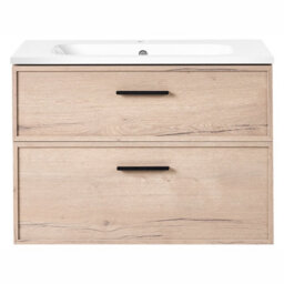 Wyld And Coco Nordic Bath Wall-Mounted Vanity Unit With Integrated Basin, Light Brown Mdf, 80X46 Cm, 2 Drawers - thumbnail 1