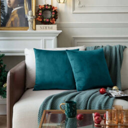 Ameha Teal Plain Velvet Cushion Covers, 18X18 Inch, Pack Of 2, Breathable & Hypoallergenic With Hidden Zip Closure - thumbnail 6