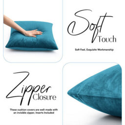 Ameha Teal Plain Velvet Cushion Covers, 18X18 Inch, Pack Of 2, Breathable & Hypoallergenic With Hidden Zip Closure - thumbnail 7