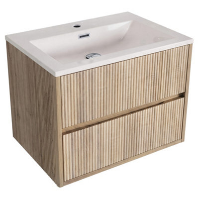 FNX Bathrooms Fluted Square 600 Wall Hung Vanity Unit & Basin - 2 Drawer Soft Close, Matte White Basin - image 1