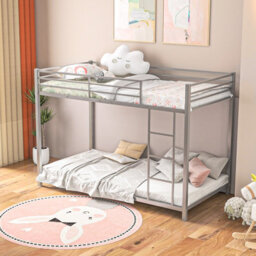 Costway 155 Cm Metal Bunk Bed Single Over Single Bunk Beds With Ladder-Silver