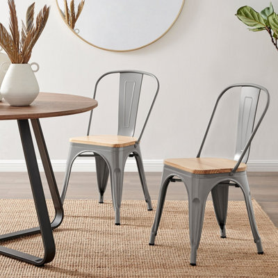 Furniturebox Set Of 2 Grey Colton Tolix Style Stackable Industrial Metal Dining Chair With Pine Seat - image 1