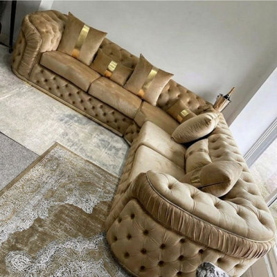 Stratus Interiors Ambassador Luxury Chesterfield Velvet Sofa - Sliver Metal Trim - Frill Design - L - Shape Corner Sofa For Living Room - Mink - image 1