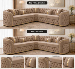 Stratus Interiors Ambassador Luxury Chesterfield Velvet Sofa - Sliver Metal Trim - Frill Design - L - Shape Corner Sofa For Living Room - Mink - thumbnail 3