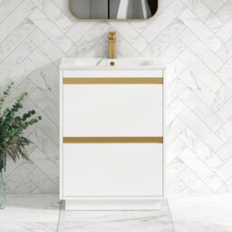 Royal Bathrooms Orion 600mm Matt White 2 Drawer Floor Standing Vanity Unit With Carrara White Basin & Brushed Brass Accent Trim - thumbnail 1