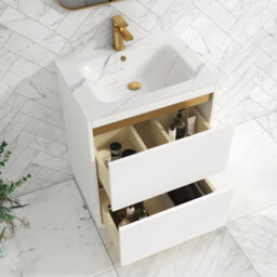 Royal Bathrooms Orion 600mm Matt White 2 Drawer Floor Standing Vanity Unit With Carrara White Basin & Brushed Brass Accent Trim - thumbnail 4