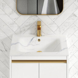 Royal Bathrooms Orion 600mm Matt White 2 Drawer Floor Standing Vanity Unit With Carrara White Basin & Brushed Brass Accent Trim - thumbnail 5