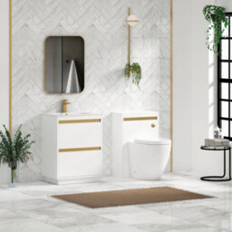 Royal Bathrooms Orion 600mm Matt White 2 Drawer Floor Standing Vanity Unit With Carrara White Basin & Brushed Brass Accent Trim - thumbnail 3