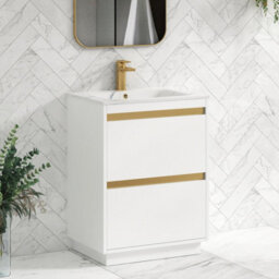 Royal Bathrooms Orion 600mm Matt White 2 Drawer Floor Standing Vanity Unit With Carrara White Basin & Brushed Brass Accent Trim - thumbnail 6
