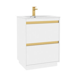 Royal Bathrooms Orion 600mm Matt White 2 Drawer Floor Standing Vanity Unit With Carrara White Basin & Brushed Brass Accent Trim - thumbnail 7