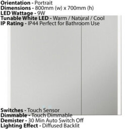 Stylish 800 X 700mm Ip44 Led Bathroom Mirror Cabinet With Bluetooth And Demister - thumbnail 2