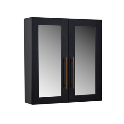Homestylestore 600 X 650mm Black Grey Wall Mounted Mirrored Door Bathroom Cabinet And Brushed Copper T Bar Handles - image 1