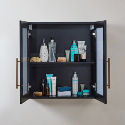 Homestylestore 600 X 650mm Black Grey Wall Mounted Mirrored Door Bathroom Cabinet And Brushed Copper T Bar Handles - thumbnail 2