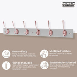 Keypak Victorian 6 Hook Wall-Mount Wooden Coat Rack, 68Cm - Dove Bloc With Rose Hooks - Fixings Included - thumbnail 2